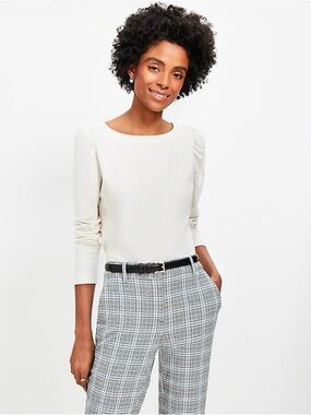 LOFT Off-White Long Sleeve Shirt with Subtle Shoulder Pleats